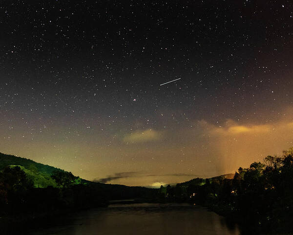 Night Poster featuring the photograph Shooting Star Over The Upper Delaware River - Barryville NY Shohola PA Bridge by Amelia Pearn