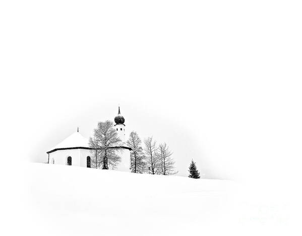 Cozy Snow Winter Austria White Trees Church Stylish Contemporary Conceptual Christmas Atmospheric Peaceful Beautiful Delightful Delicate Gentle Soft Snowdrifts Painterly Graphical Black Mono B&w Minimal Minimalist Minimalism Simplistic Simple Attractive Restful Relaxing Drawing Graphics Covered Xmas Season Greetings Enjoyable Cold Freezing Warm Calm Card Tranquility Relaxation Serene Singular Scenery View Magical Fairy Tale Elements Poetic Artistic Tranquility Snowing Snowfall Spiritual Inspire Poster featuring the photograph Snow, Cosy Snow, White Christmas by Tatiana Bogracheva