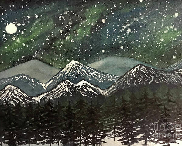 Snowy Mountains Poster featuring the painting Snowy Mountains with Aurora by Lisa Neuman