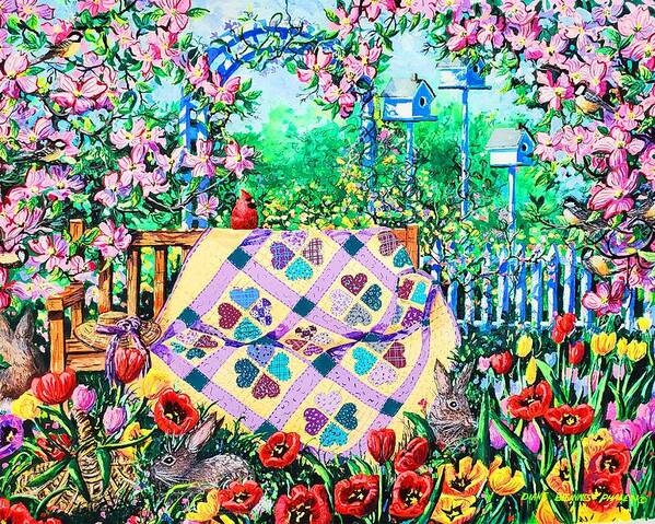 Garden Bench Poster featuring the painting Springtime Hearts and Flowers by Diane Phalen