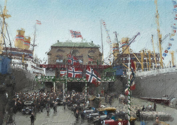 Bergen Poster featuring the digital art Steamships at docks by Geir Rosset