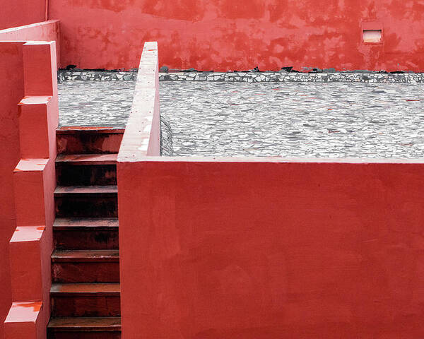 Minimalism Poster featuring the photograph Steep Stairs Red Walls by Prakash Ghai