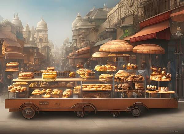 Digital Bread Pastry Cart Vendor Poster featuring the digital art Street Pastry Cart by Beverly Read