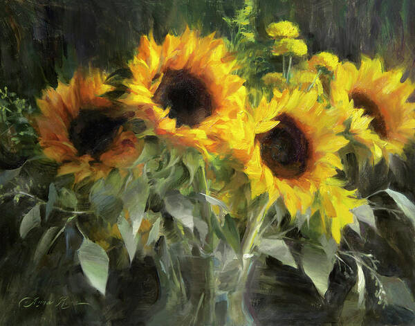 Sunflowers Poster featuring the painting Sunflower Quartet by Anna Rose Bain