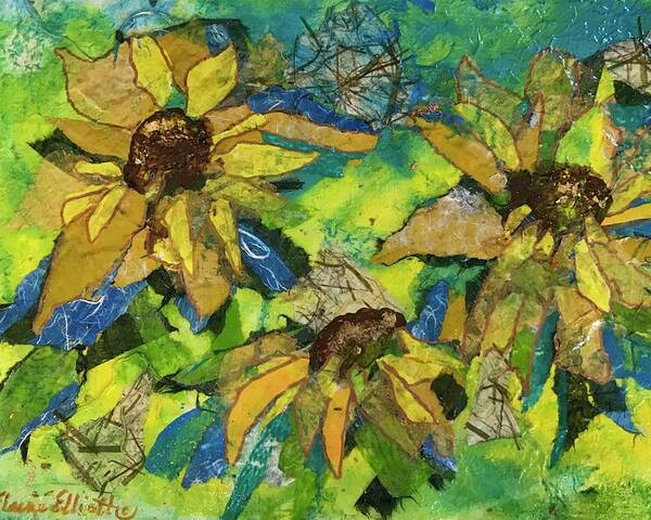 Sunflowers Poster featuring the painting Sunflowers by the Sea by Elaine Elliott