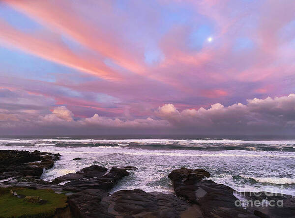 Oregon Coast Poster featuring the photograph Sunrise, Moonset by Jeanette French