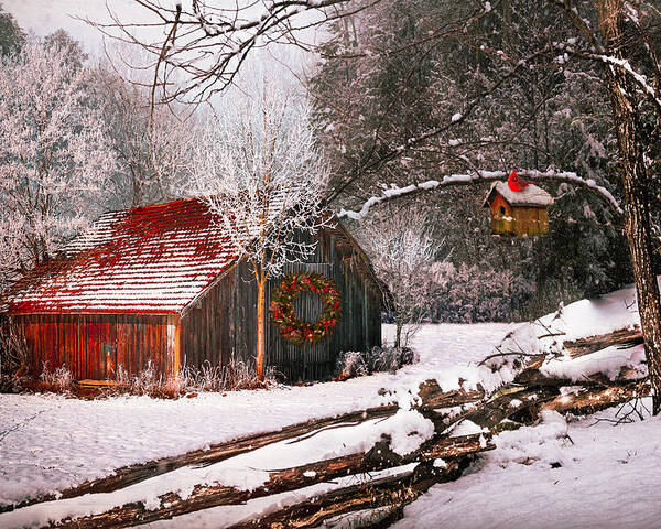 Barn Poster featuring the photograph Sunset Barn in the Snow by Debra and Dave Vanderlaan