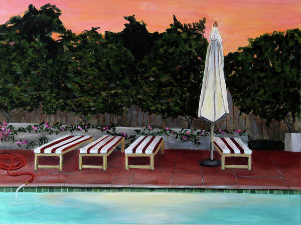 Dusk Poster featuring the painting Swimming Pool at Twilight Painting by Linda Queally by Linda Queally