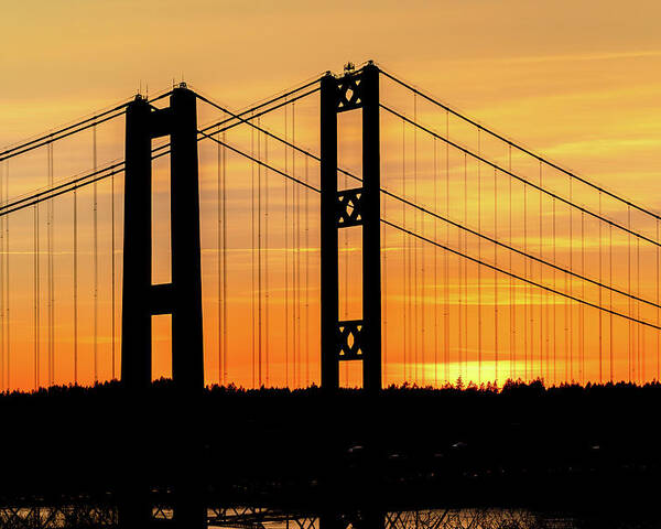 Tacoma Poster featuring the photograph Tacoma Narrows Bridges Fiery Sunset by Rob Green