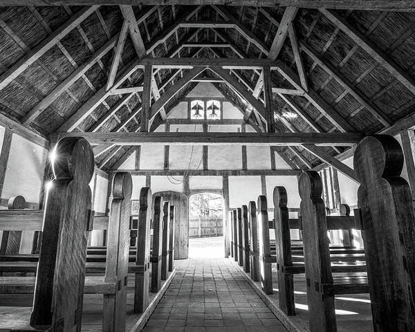 Church Poster featuring the photograph The Interior of Fort James' Anglican Church - Oil Painting Style - Black and White by Rachel Morrison
