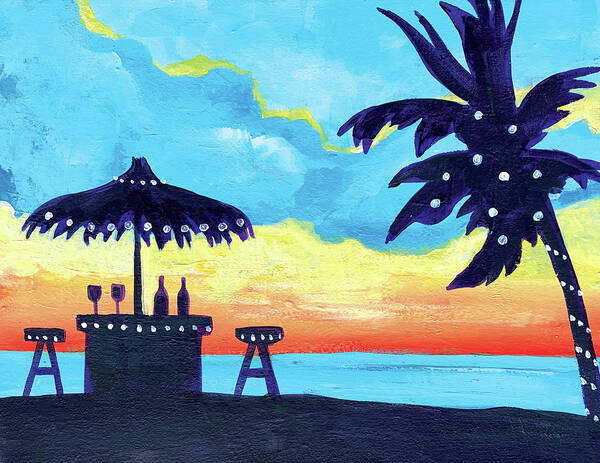 Tiki Hut Poster featuring the painting Tiki Bar by the Ocean at Sunset by Michele Fritz