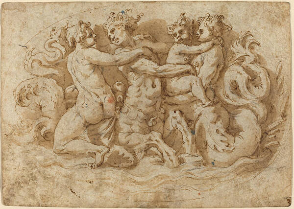 Attributed To Pellegrino Tibaldi Poster featuring the drawing Tritons and Nymphs by Attributed to Pellegrino Tibaldi