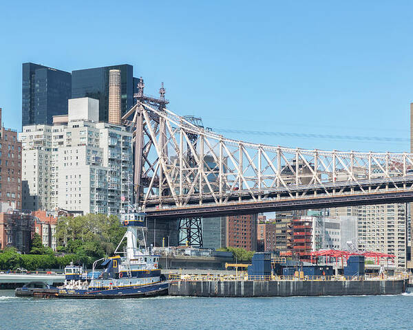 East River Poster featuring the photograph Tug and Barge Under Bridge by Cate Franklyn