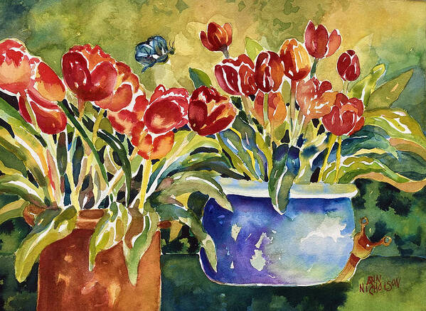 Red Tulips Poster featuring the painting Tulips in Pots by Ann Nicholson
