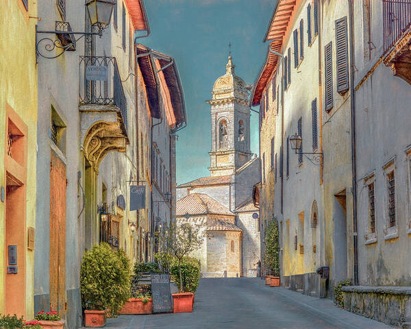 Italy Poster featuring the photograph Tuscan Hill Town of San Quirico d'Orcia, Painterly by Marcy Wielfaert