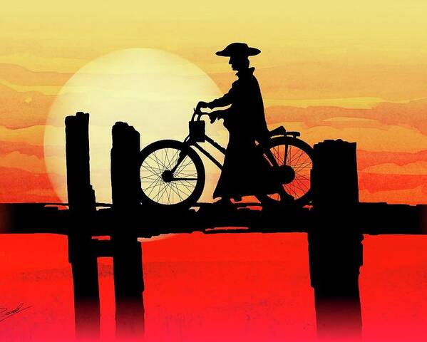 U Bein Bridge Poster featuring the painting U Bein Bridge Bicycle by Simon Read