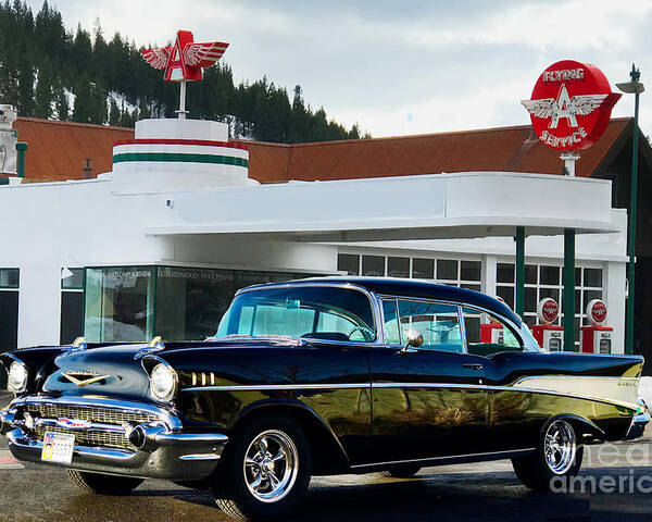 55 Poster featuring the photograph Vintage Flying A Station and 1957 Chevrolet by Doug Gist
