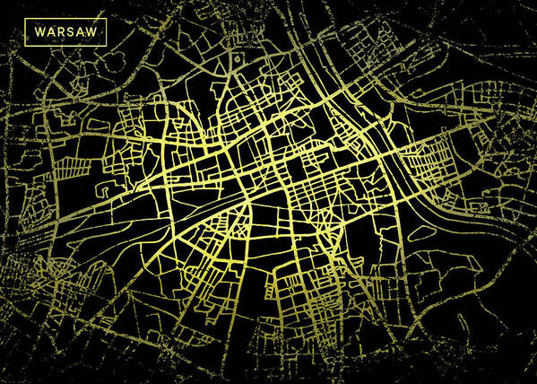 Map Poster featuring the digital art Warsaw Map in Gold and Black by Sambel Pedes