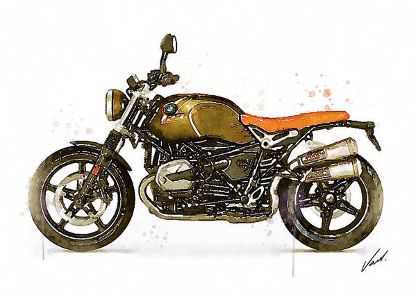 Motorbike Paitning Poster featuring the painting Watercolor BMW NineT SCRAMBLER motorcycle - oryginal artwork by Vart. by Vart