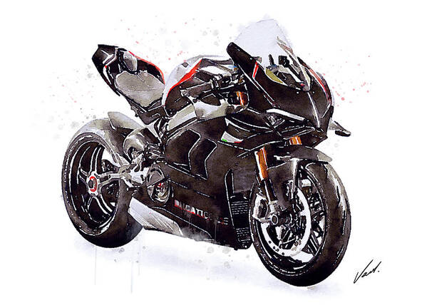 Sport Poster featuring the painting Watercolor Ducati Panigale V4SP 2022 motorcycle, oryginal artwork by Vart. by Vart Studio