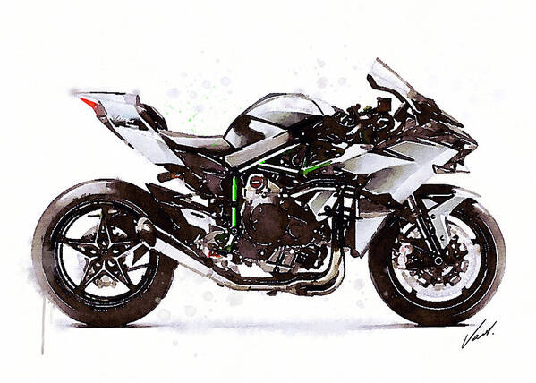 Sport Poster featuring the painting Watercolor Kawasaki Ninja H2R motorcycle - orygin by Vart Studio