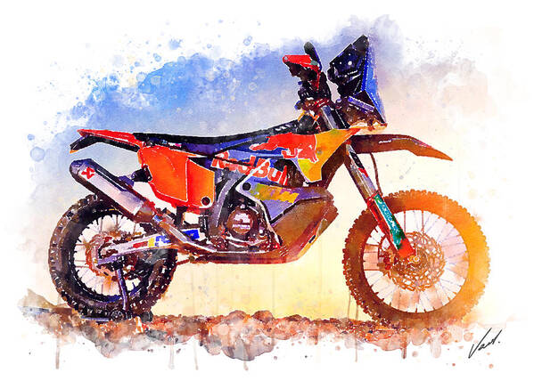 Adventure Poster featuring the painting Watercolor KTM 450 Rally Dakar motorcycle - oryginal artwork by Vart. by Vart Studio