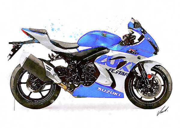 Sport Poster featuring the painting Watercolor Suzuki GSX-R 1000 motorcycle - oryginal artwork by Vart. by Vart Studio