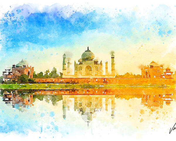 Watercolor Poster featuring the painting Watercolor Tajmahal, India by Vart by Vart Studio