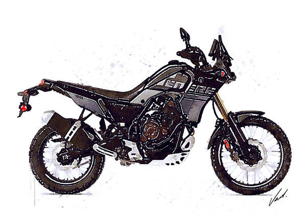 Adventure Poster featuring the painting Watercolor Yamaha Tenere 700 black motorcycle - oryginal artwork by Vart. by Vart Studio