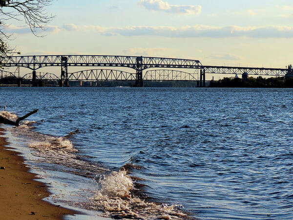 River Poster featuring the photograph Waves Lapping the Shore of the Delaware River Near Betsy Ross and Delair Memorial Railroad Bridges by Linda Stern