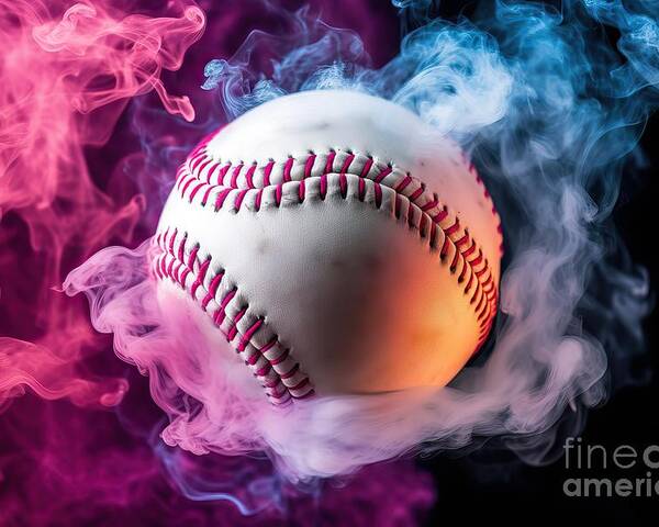 White baseball ball in multi-colored red smoke from a vape on a black  isolated background Poster