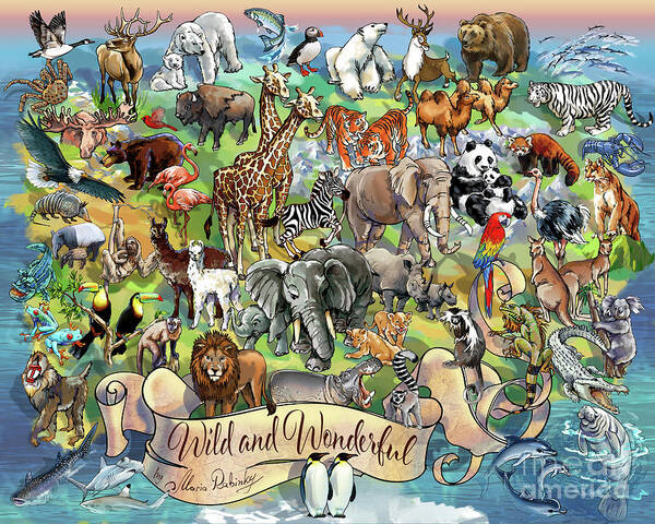 Illustration Poster featuring the digital art Wild and Wonderful Animals of the World by Maria Rabinky