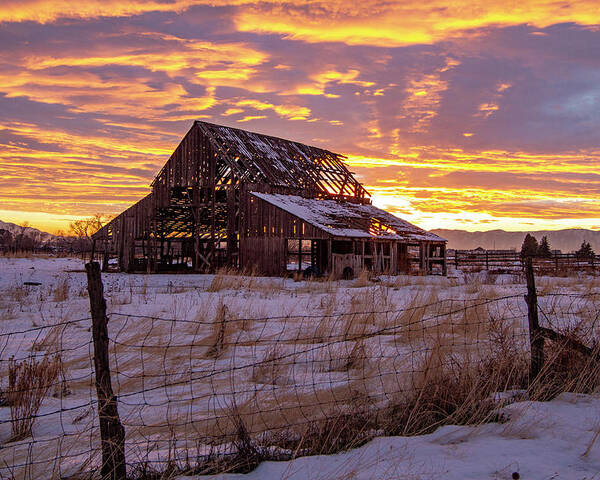 Barn Poster featuring the photograph Winter Sunset at Mapleton Barn by Wesley Aston