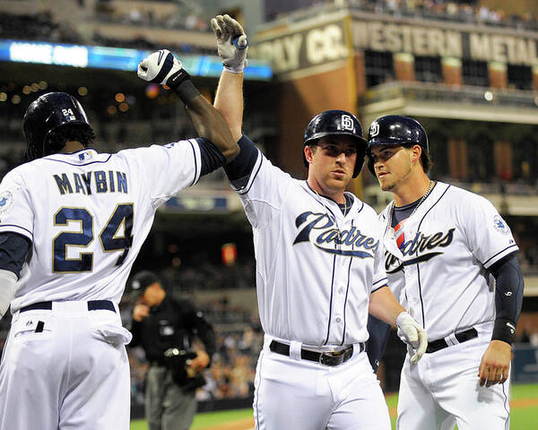 Second Inning Poster featuring the photograph Yasmani Grandal, Cameron Maybin, and Jedd Gyorko by Denis Poroy