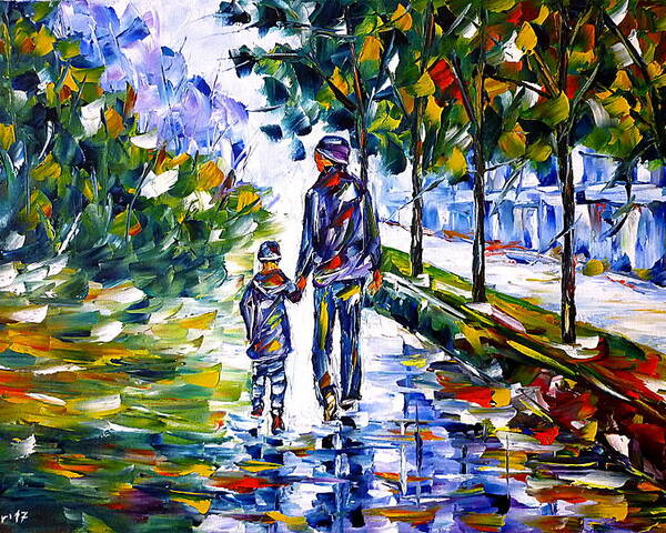 Autumn Walk Poster featuring the painting Young Father With Son by Mirek Kuzniar