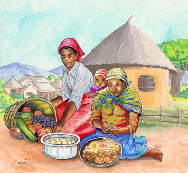 Food Poster featuring the painting Preparing Food by Anthony Mwangi