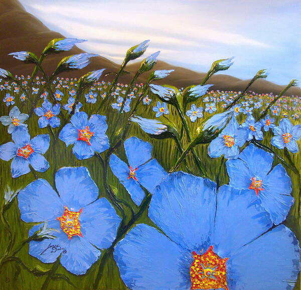 Beautiful Blue Flax Flowers! Poster featuring the painting Cloudy Day Blues by James Dunbar