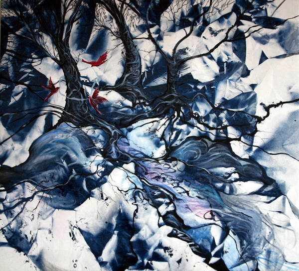 Red Birds Snow Scene Abstract Trees Poster featuring the painting When the Birds Return by Jan VonBokel