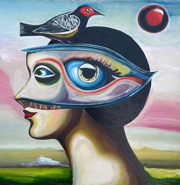 Surreal Dali Poster featuring the painting Bird, ball man by Kasey Jones