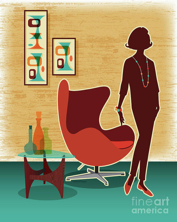 Mid Century Poster featuring the digital art Mid Century Modern Egg Chair and Fashion Woman by Diane Dempsey