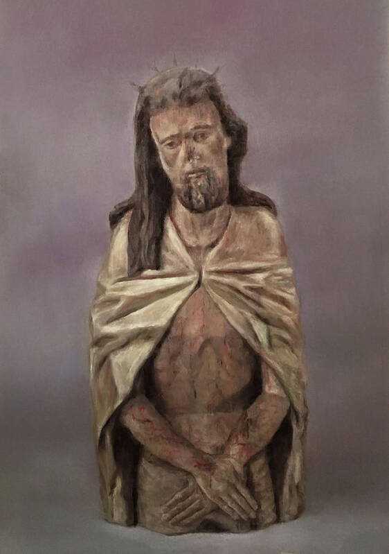 Religious - Christ - Jesus - Pastel On Paper - Carved Sculpture - Christ - Folk Art - Ecce Homo- Carved Wooden Christ- Santo Crsito- Man Of Sorrows Poster featuring the drawing Viejo Cristo by Paez ANTONIO