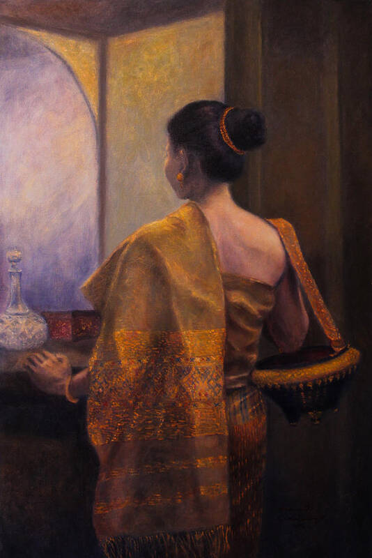 Lao Beauty Poster featuring the painting The Golden Shawl by Sompaseuth Chounlamany