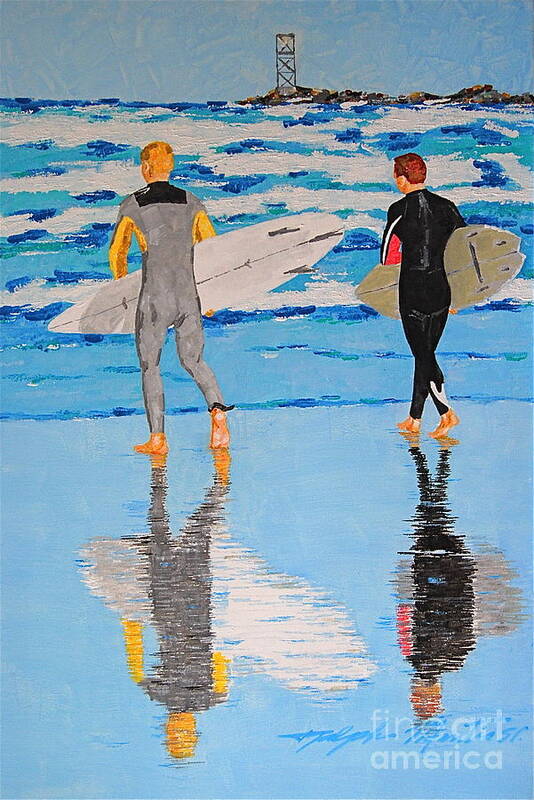 Beach Scene Poster featuring the painting Winter Surfers by Art Mantia