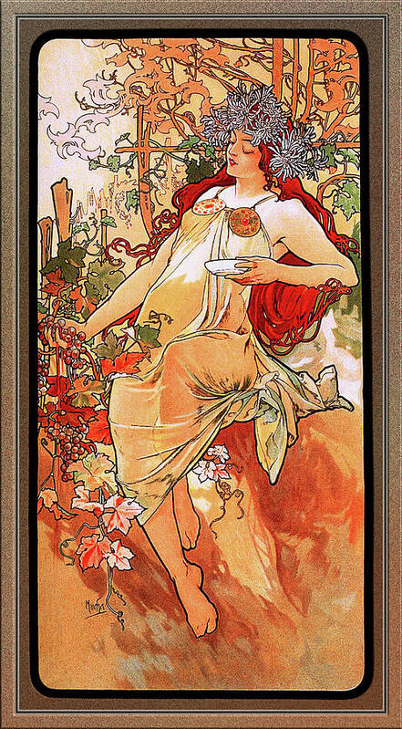 The Autumn Poster featuring the painting The Autumn by Alphonse Mucha by Rolando Burbon