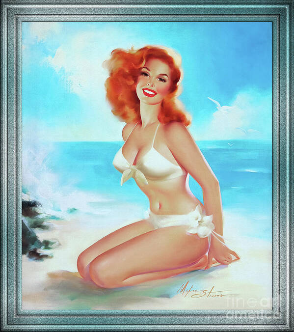 Beach Beauty Poster featuring the painting Beach Beauty by Edward Runci Pin-Up Girl Vintage Artwork by Rolando Burbon