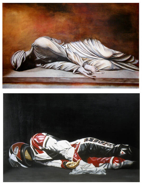 Self Portrait Motorcycle Arai Helmet Leather Suit Figurative Realism Diptych Sculpture Statue Renaissance Dark Emotive Expressive Saint St. Cecilia Poster featuring the painting September Sixth Diptych by Ian Hemingway