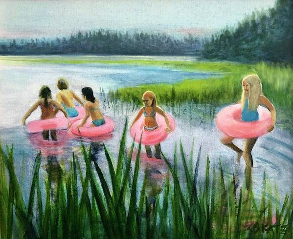 Pink Floaties Poster featuring the painting Scoby Pond Birthday by Cyndie Katz