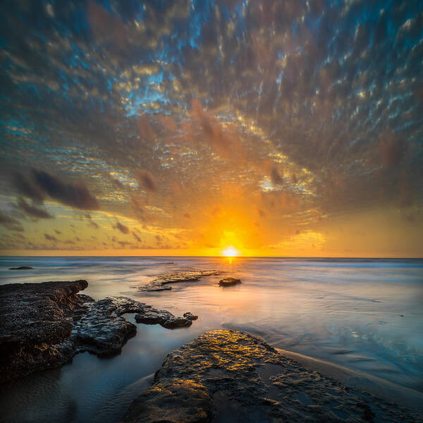 California; Long Exposure; Ocean; Reflection; San Diego; Sand; Seascape; Sunset; Sun; Clouds Poster featuring the photograph Seaside Sunset - Square by Larry Marshall