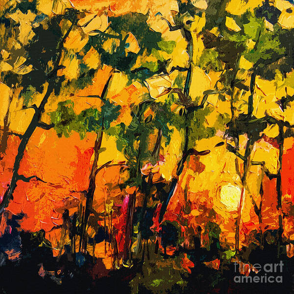 Abstract Poster featuring the painting Abstract Sunlight Through The Pines by Ginette Callaway