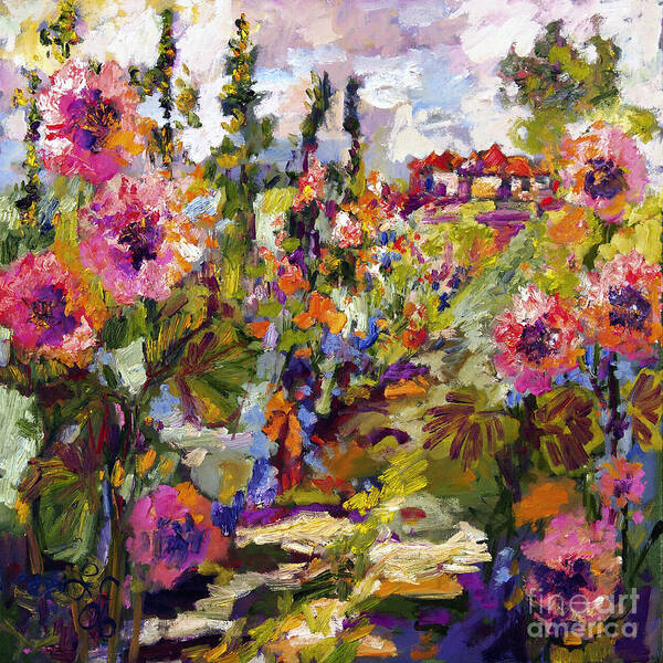 Hollyhock Poster featuring the painting Impressionist Garden Path and Hollyhock by Ginette Callaway
